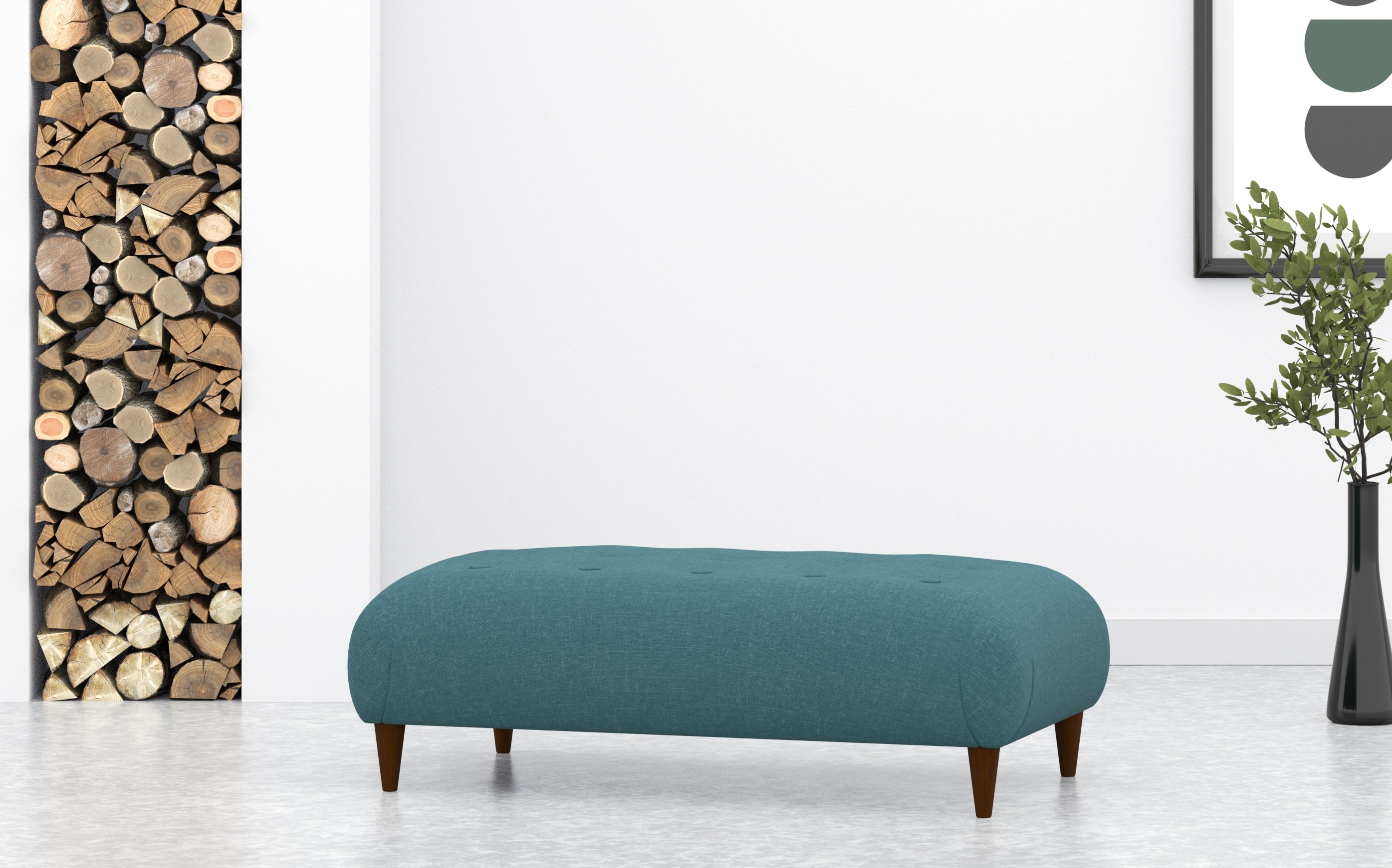 Large Footstool With Buttoned Top In Teal Linen