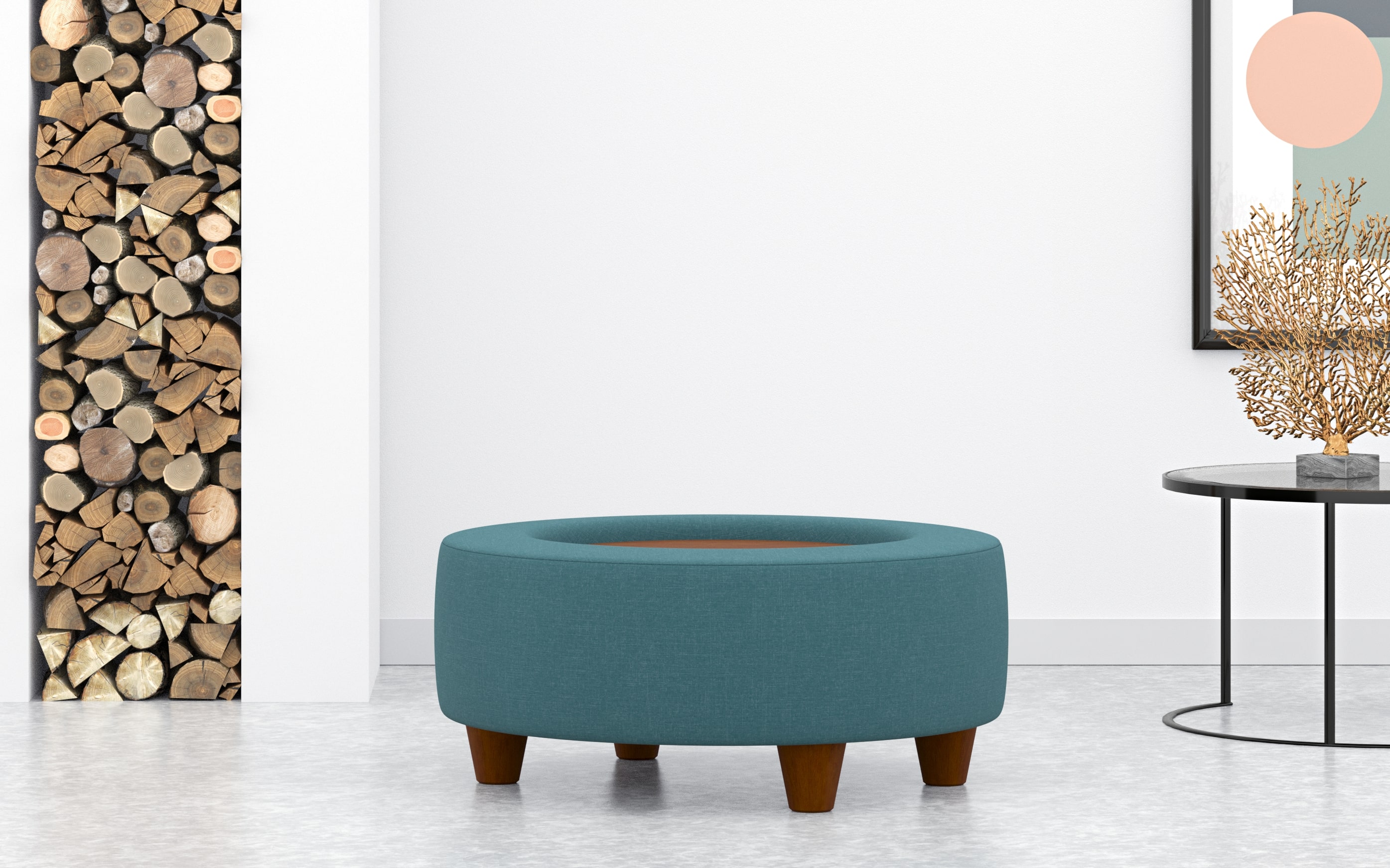Round Coffee Table Stool With Built In Tray In Teal Linen
